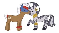 Size: 1024x587 | Tagged: artist:3d4d, base used, derpibooru import, female, kissing, male, safe, shipping, simple background, straight, temple chant, white background, zebra, zechant, zecora