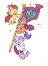 Size: 2550x3510 | Tagged: apple bloom, artist:leyzy, cape, clothes, cutie mark crusaders, derpibooru import, flag, safe, scootaloo, sweetie belle