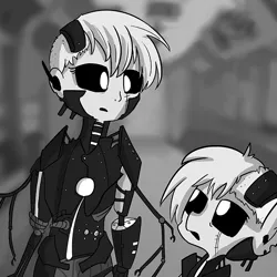 Size: 726x726 | Tagged: safe, artist:tjpones, derpibooru import, edit, editor:dsp2003, oc, oc:e-one, unofficial characters only, cyborg, human, black sclera, female, human ponidox, humanized, monochrome