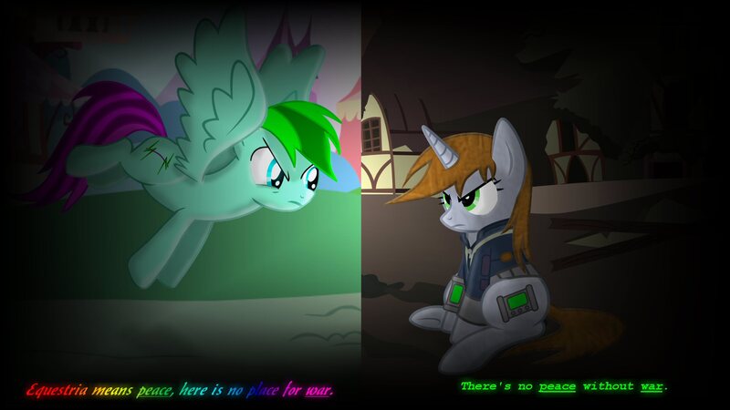 Size: 1920x1080 | Tagged: semi-grimdark, artist:szinthom, derpibooru import, oc, oc:littlepip, oc:rico, unofficial characters only, pegasus, pony, unicorn, fallout equestria, fanfic, clothes, fallout, fandom, fanfic art, female, hooves, horn, mare, peace, pipbuck, ponyville, text, universe, vault suit, war, wasteland, wings