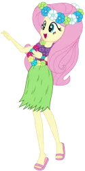 Size: 2000x4008 | Tagged: safe, artist:discorded, derpibooru import, fluttershy, equestria girls, shake your tail, clothes, feet, flip-flops, grass skirt, hawaiian flower in hair, hawaiian shirt, hula, hulashy, lei, sandals, simple background, skirt, solo, transparent background, vector