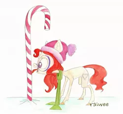 Size: 1969x1837 | Tagged: artist:raiwee, candy, candy cane, clothes, derpibooru import, food, hat, safe, scarf, solo, tongue stuck to pole, traditional art, twist