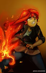 Size: 567x900 | Tagged: safe, artist:xenstroke, derpibooru import, sunset shimmer, equestria girls, fiery shimmer, fire, magic, patreon, pyromancy, solo