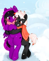 Size: 800x1000 | Tagged: artist:omgproductions, clothes, cute, derpibooru import, female, hug, lesbian, oc, oc:emby, oc:rachna, rule 63, safe, scarf, shipping, standing, unofficial characters only