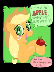 Size: 808x1077 | Tagged: applejack, apple watch, artist:andypriceart, artist:krazykari, bad pun, derpibooru import, pun, safe, solo, visual gag, visual pun