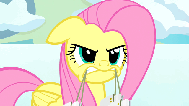 Size: 640x360 | Tagged: safe, derpibooru import, screencap, fluttershy, keep calm and flutter on, angry, animated, floppy ears, glare, growling, ice, ice skates, loop, snow, solo