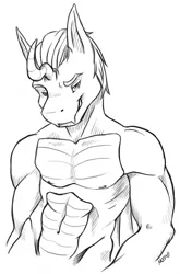 Size: 844x1280 | Tagged: abs, anthro, artist:mtpcrew, bare chest, changeling, changelingified, derpibooru import, male, monochrome, oc, oc:art, smiling, smug, solo, solo male, species swap, suggestive, unofficial characters only