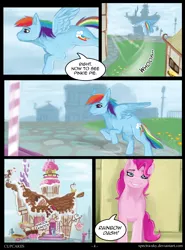 Size: 600x810 | Tagged: artist:spectra-sky, comic, comic:cupcakes, derpibooru import, dialogue, fanfic:cupcakes, flying, grimdark source, pinkie pie, rainbow dash, safe, sugarcube corner