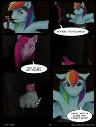 Size: 600x800 | Tagged: armpits, artist:spectra-sky, comic, comic:cupcakes, derpibooru import, dialogue, fanfic:cupcakes, grimdark, pinkamena diane pie, pinkie pie, rainbow dash, restrained