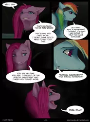 Size: 600x810 | Tagged: artist:spectra-sky, comic, comic:cupcakes, derpibooru import, dialogue, fanfic:cupcakes, grimdark, pinkamena diane pie, pinkie pie, rainbow dash, restrained