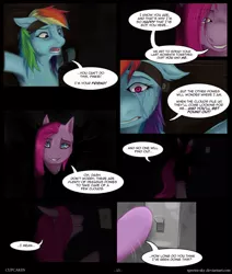 Size: 822x971 | Tagged: armpits, artist:spectra-sky, comic, comic:cupcakes, derpibooru import, dialogue, fanfic:cupcakes, grimdark, pinkamena diane pie, pinkie pie, rainbow dash, restrained