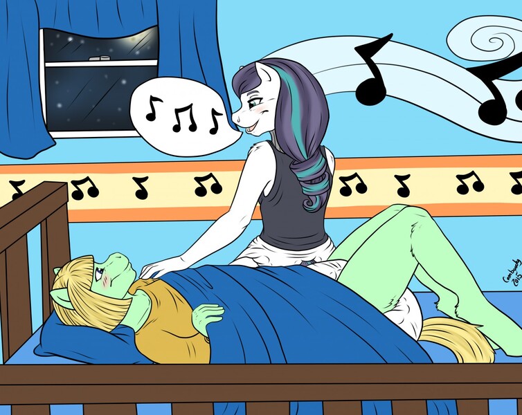 Size: 1280x1018 | Tagged: anthro, artist:camboody, bed, coloratura, derpibooru import, diaper, diaper fetish, oc, oc:lemina harmony, poofy diaper, questionable, rara, singing