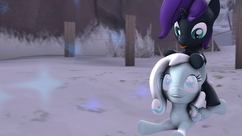 Size: 1920x1080 | Tagged: safe, artist:adamirvine, derpibooru import, oc, oc:nyx, oc:snowdrop, unofficial characters only, alicorn, pony, 3d, alicorn oc, ponies riding ponies, tongue out