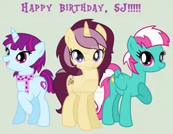 Size: 1024x795 | Tagged: safe, artist:maliceintheabyss, derpibooru import, mystery mint, spring step, sunlight spring, oc, oc:lannie lona, ponified, equestria girls, background human, birthday, birthday gift, cheerleader, equestria girls ponified, watermark