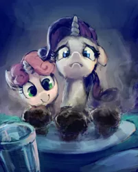 Size: 1280x1590 | Tagged: safe, artist:hunternif, derpibooru import, rarity, sweetie belle, pony, unicorn, :c, baked bads, burned, c:, cute, diasweetes, female, filly, floppy ears, food, frown, mare, muffin, rarity looking at food, sisters, smiling, sweetie belle can't cook, sweetie fail, tabun art-battle, this will end in tears and/or breakfast, wide eyes