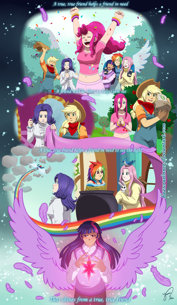 Size: 1202x2073 | Tagged: safe, artist:hazurasinner, derpibooru import, applejack, fluttershy, pinkie pie, rainbow dash, rarity, twilight sparkle, twilight sparkle (alicorn), human, magical mystery cure, a true true friend, ascension, bandana, belly button, clothes, female, flutterdash, humanized, lesbian, midriff, rarijack, scene interpretation, shipping, short shirt, swapped cutie marks, sweater, sweatershy, turtleneck, twinkie