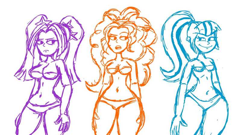 Size: 1600x900 | Tagged: questionable, artist:scobionicle99, derpibooru import, adagio dazzle, aria blaze, sonata dusk, equestria girls, rainbow rocks, belly button, bra, breasts, busty adagio dazzle, busty aria blaze, busty sonata dusk, cleavage, clothes, female, females only, image, jpeg, panties, sketch, sonata donk, the dazzlings, underwear