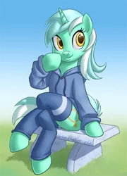 Size: 386x536 | Tagged: safe, artist:brianblackberry, derpibooru import, lyra heartstrings, pony, semi-anthro, unicorn, bottomless, clothes, crossed legs, female, hoodie, mare, partial nudity, sitting, smiling, socks, solo, thigh highs