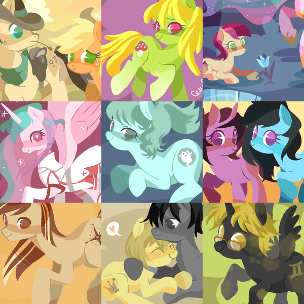 Size: 1200x1200 | Tagged: safe, artist:cenyo, derpibooru import, applejack, princess celestia, roseluck, oc, alicorn, earth pony, pegasus, pony, alicorn oc, compass, glasses, heart, hug