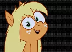 Size: 2265x1623 | Tagged: safe, artist:hotdiggedydemon, derpibooru import, applejack, earth pony, pony, .mov, apple.mov, bust, female, hatless, head tilt, jappleack, looking at you, mare, missing accessory, open mouth, portrait, smiling, solo, wallpaper