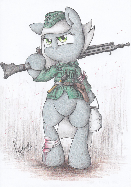 Size: 1421x2019 | Tagged: semi-grimdark, artist:patoriotto, derpibooru import, limestone pie, pony, bandage, bipedal, blood, gun, gun holster, machine gun, mg42, rifle, serious face, soldier, solo, war, weapon, wehrmacht, world war ii