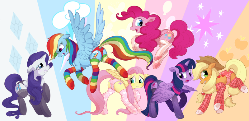 Size: 1700x826 | Tagged: suggestive, artist:aidapone, derpibooru import, applejack, fluttershy, pinkie pie, rainbow dash, rarity, twilight sparkle, twilight sparkle (alicorn), alicorn, pony, black underwear, clothes, female, frilly underwear, mane six, mare, panties, pink underwear, polka dot underwear, purple underwear, rainbow socks, red underwear, socks, stockings, striped socks, underwear