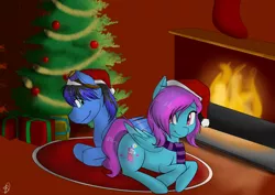 Size: 1600x1131 | Tagged: safe, artist:renniksarts, derpibooru import, oc, oc:comet cosmo, oc:silent waters, unofficial characters only, pegasus, pony, bauble, christmas, christmas tree, clothes, cute, femboy, fire, fireplace, goggles, male, present, rug, scarf, stockings, trap, tree