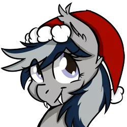 Size: 2500x2500 | Tagged: safe, artist:themodpony, derpibooru import, oc, oc:daturea eventide, unofficial characters only, bat pony, pony, :t, christmas, cute, cute little fangs, fangs, hat, image, looking at you, png, portrait, santa hat, simple background, smiling, solo, transparent background