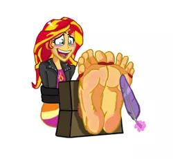 Size: 1028x944 | Tagged: suggestive, artist:red2870, derpibooru import, sunset shimmer, equestria girls, barefoot, blushing, bondage, crying, feather, feet, foot fetish, foot focus, laughing, simple background, soles, stocks, tickle torture, tickling, toe tied, white background