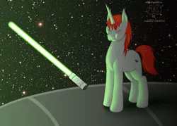 Size: 3500x2500 | Tagged: safe, artist:melodicstream, derpibooru import, oc, oc:gin, unofficial characters only, bat pony, bat pony unicorn, pony, unicorn, galaxy, jedi, lightsaber, scrunchy face, space, star wars, stars, weapon
