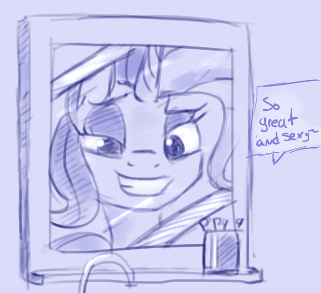 Size: 793x724 | Tagged: safe, artist:post-it, derpibooru import, trixie, pony, unicorn, colored sketch, dialogue, female, mare, mirror, monochrome, smug, solo, toothbrush