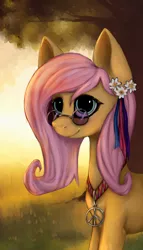 Size: 1052x1839 | Tagged: artist:cobaltthecat, derpibooru import, flower, flower in hair, fluttershy, glasses, hippie, hippieshy, peace symbol, safe, solo