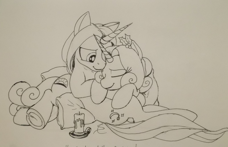 Size: 3507x2267 | Tagged: safe, artist:scribblepwn3, derpibooru import, oc, oc:midnight scribbler, oc:sunset glow, unofficial characters only, pony, unicorn, candle, cuddling, holly, monochrome, pen drawing, snuggling, traditional art, wip