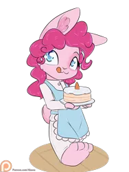 Size: 1050x1400 | Tagged: safe, artist:alasou, deleted from derpibooru, derpibooru import, part of a set, pinkie pie, anthro, rabbit, apron, bunnified, bunny pie, cake, clothes, cute, food, patreon, patreon logo, simple background, solo, species swap, tongue out, transparent background