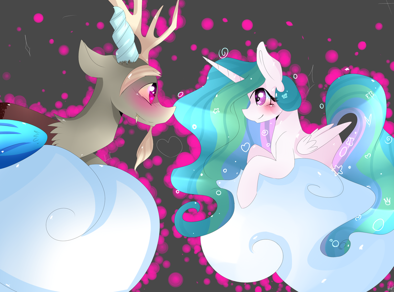 Size: 2700x2000 | Tagged: safe, artist:darkreimbow97, derpibooru import, discord, princess celestia, blushing, cloud, dislestia, female, male, prone, shipping, smiling, straight