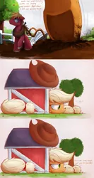 Size: 2000x3750 | Tagged: safe, artist:ncmares, derpibooru import, applejack, big macintosh, earth pony, pony, apple, ask, barn, big-apple-pony, cowboy hat, dialogue, food, freckles, frown, hat, macro, male, nose wrinkle, plow, smiling, stallion, stetson, sweet apple acres, tree, tumblr, underhoof