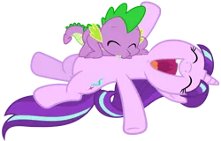 Size: 1548x990 | Tagged: safe, artist:luckreza8, artist:slb94, artist:titanium-pony, derpibooru import, edit, vector edit, spike, starlight glimmer, dragon, pony, unicorn, cute, eyes closed, female, glimmerbetes, kissing, love, lying down, male, mare, on back, open mouth, raspberry, shipping, simple background, sparlight, spikabetes, straight, tickling, ticklish tummy, transparent background, tummy buzz, vector
