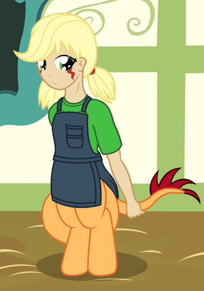 Size: 1548x2208 | Tagged: safe, artist:badumsquish, derpibooru import, oc, oc:cinnamon cider, unofficial characters only, hybrid, monster pony, original species, satyr, tatzlpony, classroom, coveralls, female, looking away, offspring, parent:applejack, parent:oc:anon, parent:oc:generic messy hair anime anon, parent:tatzljack, pigtails, shy, solo, species swap, tatzljack