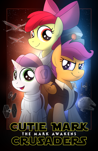 Size: 1000x1533 | Tagged: alternate hairstyle, apple bloom, artist:drawponies, clothes, cosplay, costume, cutie mark crusaders, derpibooru import, han solo, leia skywalker, looking at you, luke skywalker, millenium falcon, princess leia, safe, scootaloo, smiling, smirk, starfighter, starkiller base, star wars, star wars: the force awakens, sweetie belle, tie fighter, x-wing