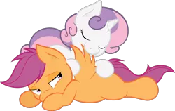 Size: 5000x3165 | Tagged: artist:atmospark, artist:joey darkmeat, colored, cute, cutealoo, derpibooru import, diasweetes, eyes closed, preening, safe, scootaloo, simple background, .svg available, sweetie belle, transparent background, vector