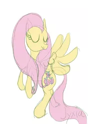 Size: 1130x1600 | Tagged: artist:jyxia, derpibooru import, fluttershy, flying, safe, simple background, smiling, solo, white background