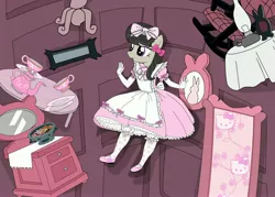 Size: 3000x2143 | Tagged: alice in wonderland, anthro, apron, artist:avchonline, bloomers, bow, chair, clothes, cookie, derpibooru import, dress, evening gloves, food, frilly dress, furniture, gloves, hello kitty, lace, mary janes, mirror, octavia melody, parachute, paraskirt, petticoat, pinafore, rabbit hole, ribbon, ruffles, safe, sanrio, solo, stockings, sweet lolita, tea set, vanity