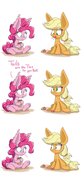 Size: 1280x2699 | Tagged: apple, applejack, artist:heir-of-rick, burrito, comic, daily apple pony, derpibooru import, dialogue, eating, food, impossibly large ears, pinkie pie, safe, simple background, sitting, sudden clarity pinkie pie, underhoof, white background, younger