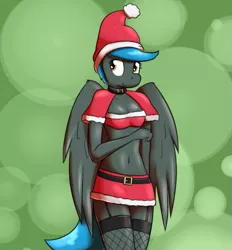 Size: 663x714 | Tagged: anthro, anthro oc, artist:whatsapokemon, belly button, belt, belt buckle, breasts, cleavage, clothes, collar, derpibooru import, female, fishnets, garter belt, hat, midriff, miniskirt, oc, oc:jade shine, santa hat, skirt, socks, solo, stockings, suggestive, thigh highs, unofficial characters only, zettai ryouiki