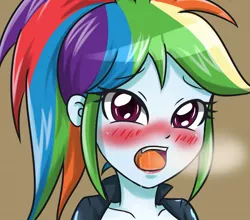 Size: 1257x1107 | Tagged: suggestive, artist:sumin6301, derpibooru import, rainbow dash, equestria girls, ahegao, blushing, drool, female, latex, latex suit, lipstick, looking at you, open mouth, panting, ponytail, solo, solo female, tongue out