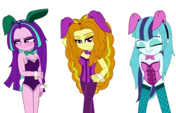 Size: 600x386 | Tagged: suggestive, artist:cbear624, derpibooru import, adagio dazzle, aria blaze, sonata dusk, equestria girls, bare shoulders, blushing, breasts, bunny ears, bunny girl, bunny suit, busty adagio dazzle, busty aria blaze, busty sonata dusk, cleavage, clothes, female, females only, fishnets, looking at you, playboy bunny, sleeveless, strapless, the dazzlings