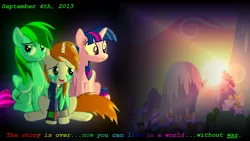 Size: 1920x1080 | Tagged: safe, artist:szinthom, derpibooru import, twilight sparkle, twilight sparkle (alicorn), oc, oc:littlepip, oc:rico, alicorn, pony, unicorn, fallout equestria, fanfic, clothes, crying, equestria, fanfic art, female, hooves, horn, joy, mare, open mouth, peace, pipbuck, smiling, sunset, tears of joy, text, vault suit, wings