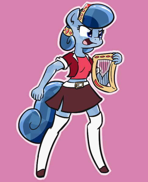 Size: 567x699 | Tagged: anthro, artist:whatsapokemon, belt, belt buckle, clothes, crystal pony, derpibooru import, hairband, lyre, midriff, oc, oc:heart song, safe, shoes, simple background, skirt, socks, solo, stockings, thigh highs, unguligrade anthro, unofficial characters only, zettai ryouiki