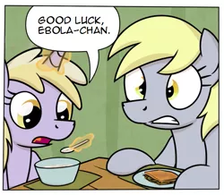 Size: 673x587 | Tagged: semi-grimdark, artist:moemneop, derpibooru import, edit, derpy hooves, dinky hooves, oc, oc:ebola-chan, pegasus, pony, breakfast, cereal, comic, ebola, exploitable meme, female, food, magic, mare, meme, mother and daughter, telekinesis