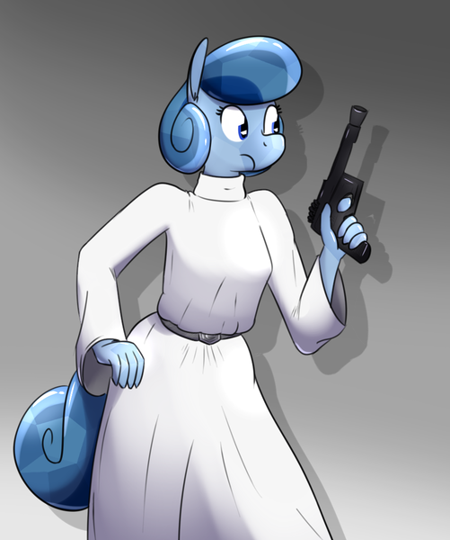 Size: 863x1033 | Tagged: anthro, artist:whatsapokemon, clothes, crossover, crystal pony, derpibooru import, dress, gradient background, gun, oc, oc:heart song, princess leia, safe, solo, star wars, unofficial characters only, weapon